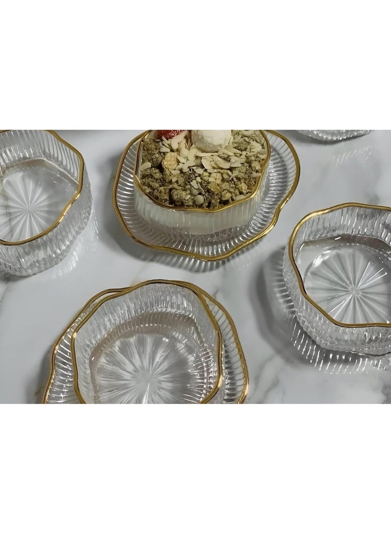Gold-rimmed ribbed dessert set, perfect for muhallebi, qamar al-din, and rice pudding. Also suitable for fruits, nuts, sweets, and salads. The plates can be used for pickles and cakes. Set includes 12 pieces: 6 bowls + 6 plates. - Image 4